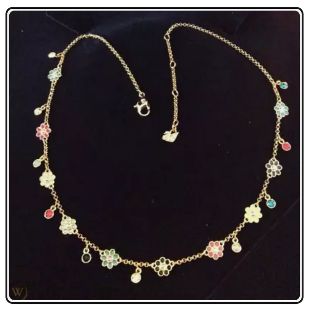 Gold Swarovski Necklace with Colorful Flowers